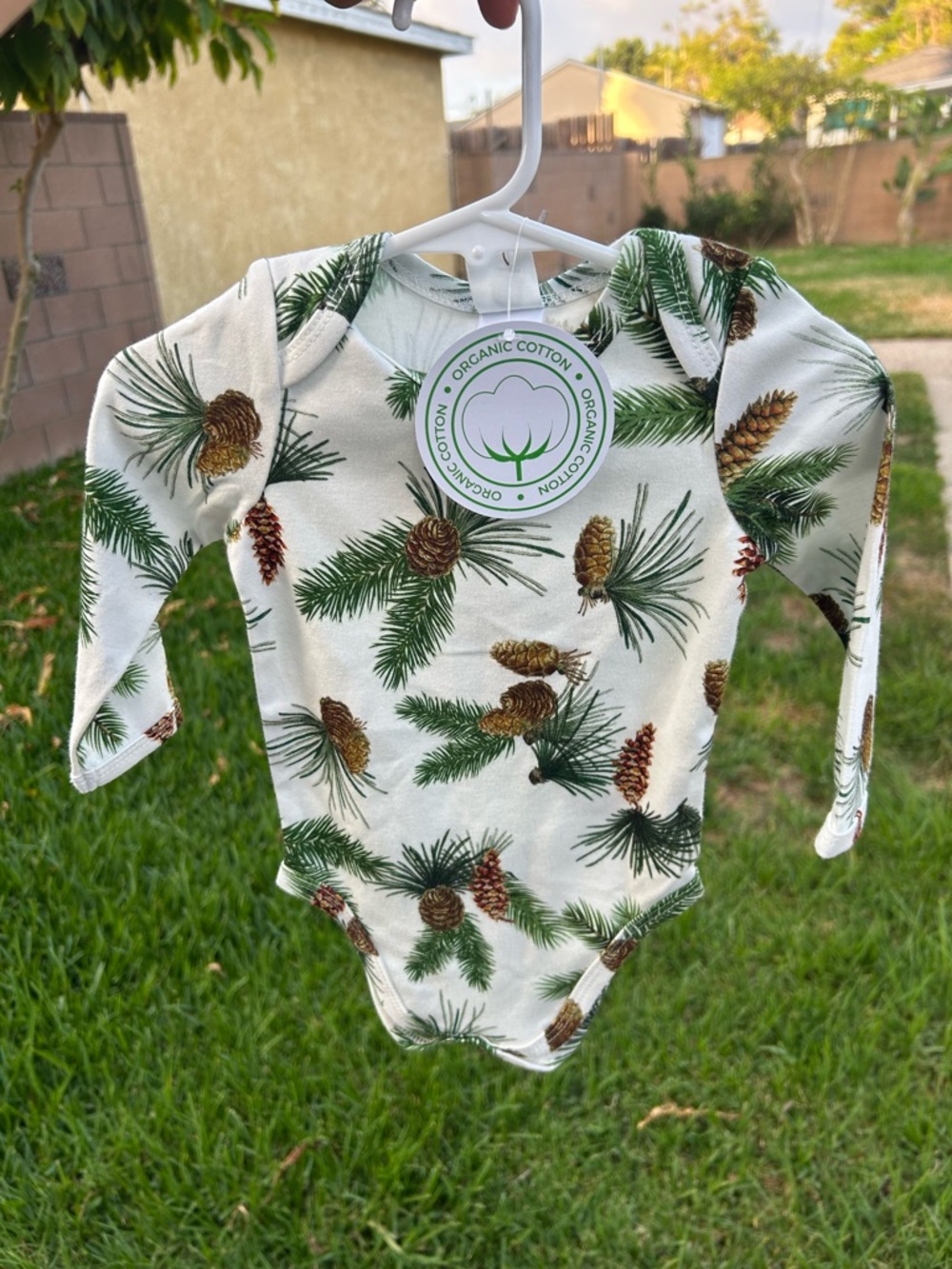 Organic Cotton Pinecone Print Long-Sleeve Baby Bodysuit - Green Pinecone